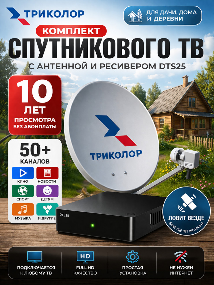 Спутниковый комплект Триколор DTS25: 10 лет ТВ (50+ бесплатных каналов)